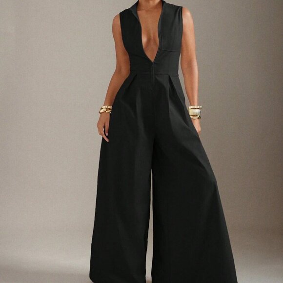 Black Elegant Women's Extreme Wide Leg Zip Front Sleeveless Jumpsuit - Picture 1 of 5